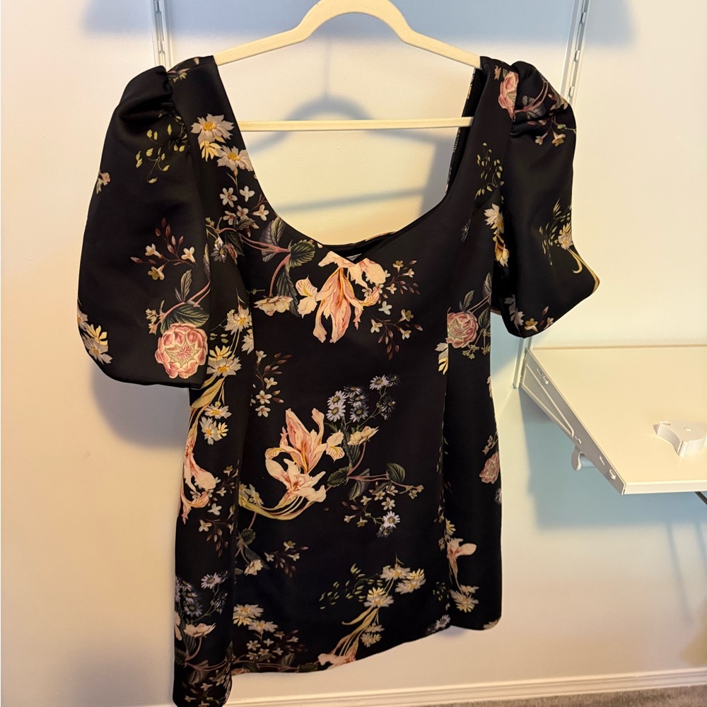 ASOS plus size women’s Scuba Structured mini dress in Floral with Puff Sleeve.